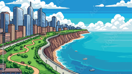 Coastal cityscape with modern skyscrapers and scenic ocean view in pixel art style