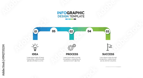 Abstract three step horizontal flowchart graphic design template illustrating idea development process leading toward goal achievement success