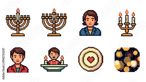 Pixel art hanukkah and celebration icons with candles and symbols
