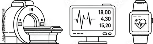 Medical Diagnostic Technology Icons with MRI Scan and Health Monitor