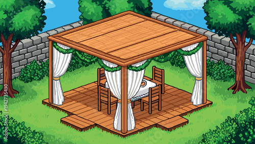 Cozy wooden pergola with curtains in a lush garden setting