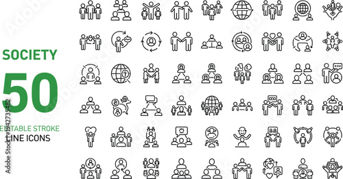 Society Line Icons Set Editable Stroke Vector Collection for Community, Social Network, Teamwork, Communication and Global Interaction Concepts