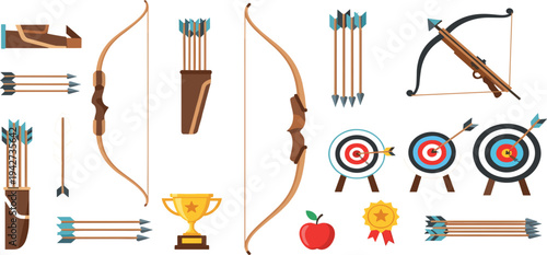 Archery Equipment and Target Icons Set with Bows Arrows Crossbow Trophy and Bullseye Targets Flat Vector Illustration Collection