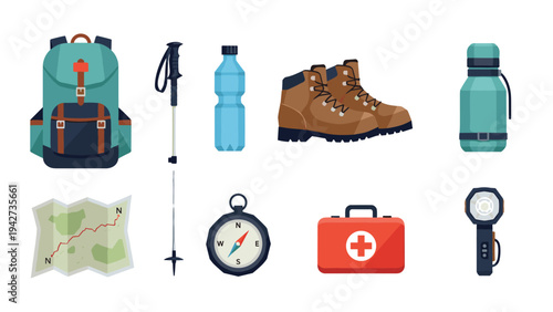 Essential hiking gear for outdoor adventure: backpack, boots, compass, and more