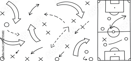 Soccer Strategy Tactics Doodle Set with Arrows Player Positions and Football Field Formation Plan Hand Drawn Outline Vector Illustration