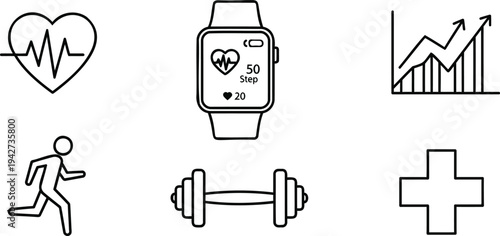 Smart Fitness Watch and Health Tracking Line Icons Set for Sports App Design