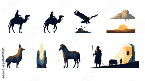 Desert journey silhouettes: wildlife, camels, and sunset scenes