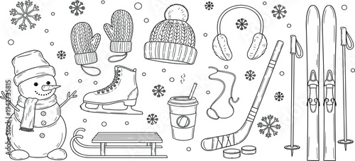 Winter Season Doodle Set with Snowman Ice Skates Skis Hockey Stick Warm Clothes and Snowflakes Hand Drawn Outline Vector Illustration Collection