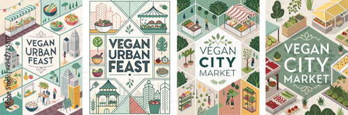 Colorful illustrations of urban vegan markets and feasts showcasing plant-based delights.