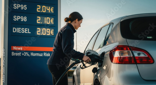 Concerned woman pumps gas as fuel prices surge due to rising oil tensions, and geopolitical conflicts