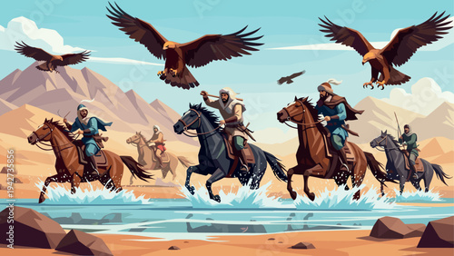 Epic horse riders and eagles in dynamic desert race scene with mountains