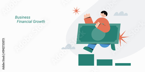 Business financial growth with woman holding money and rising chart showing profit and revenue increase. Flat design vector illustration for business finance and growth concepts.
