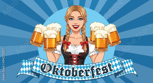 Beautiful Waitress in Dirndl Holding Beer Mugs for Oktoberfest Celebration. Cartoon style illustration of a smiling blonde woman in traditional Bavarian dress holding six foamy beer glasses. Germany