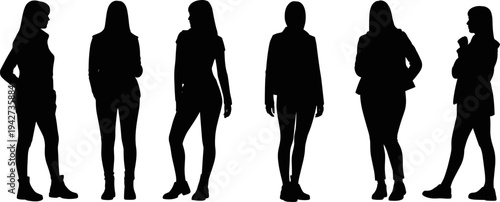Black casual women silhouettes in standing poses, flat vector icons for fashion lookbooks, urban lifestyle branding and apparel store signage.