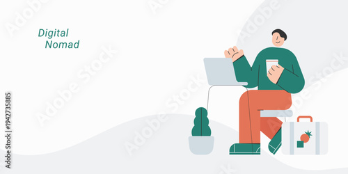 Flat style illustration of a person sitting working on laptop while holding coffee cup with travel luggage nearby, representing digital nomad and remote work concept.