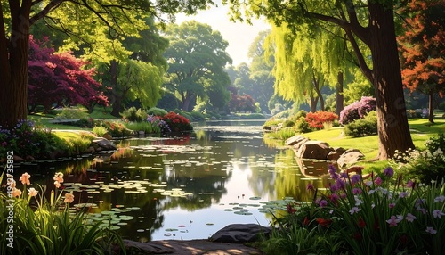 A scenic outdoor setting presents a tranquil lake bordered by flourishing greenery, flowering plants, and mature trees basking in daylight