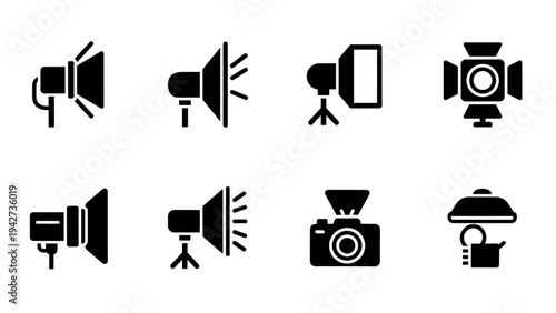 Minimalist icon set of studio lighting equipment for photography
