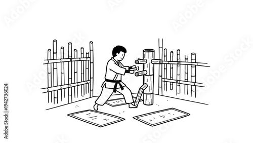 Martial arts practice with wooden dummy in minimalist style