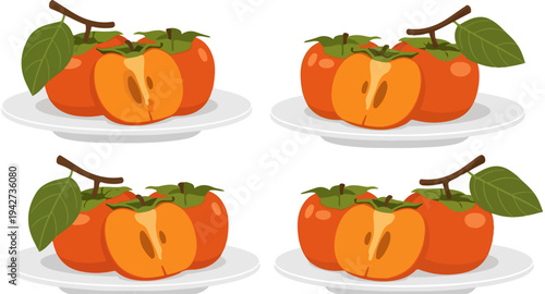 Set of four plates with whole and half ripe orange persimmon fruits and green leaves vector illustration