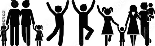 Black family silhouette set with parents holding hands with children, happy people jumping, and father carrying baby, flat vector illustration.