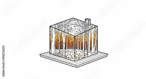 Abstract cube-shaped house with autumn forest scene inside