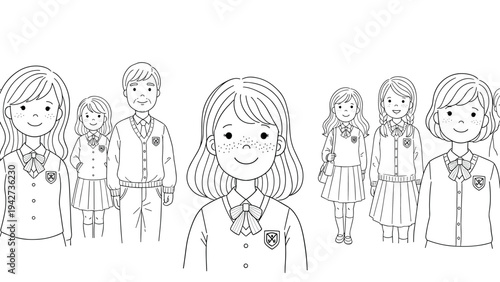 Monochrome school children in uniform: simple line art