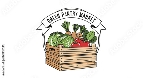 Illustration of fresh vegetables in a wooden crate.