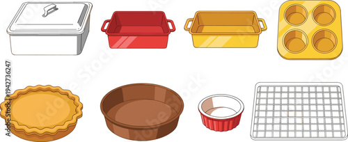Collection of professional bakeware and ovenware including muffin pan pie dish roasting pan cooling rack and ceramic baking dishes for culinary kitchen vector illustration