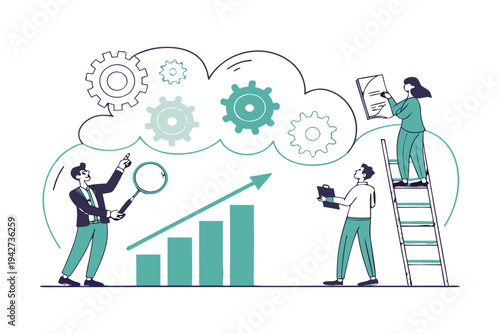 Professional business team managing time and tasks with gears,
Professional Human Resources Illustration.
clock, calendar, and checklist. 
Concept of effective planning, productivity, 
Efficiency at w