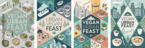 Colorful illustrations of a vegan urban feast celebrating diverse cuisines.