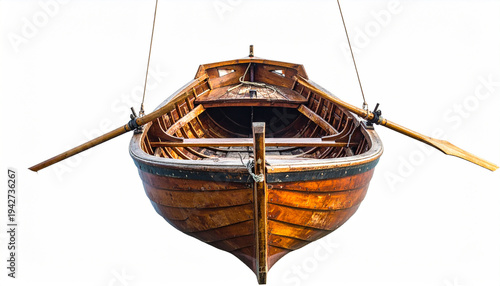 Isolated wooden rowboat, a small open boat propelled by oars used for rowing or transport
