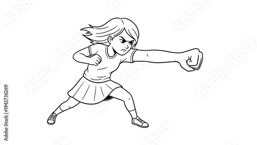 Dynamic kid punch pose in black and white ink artwork