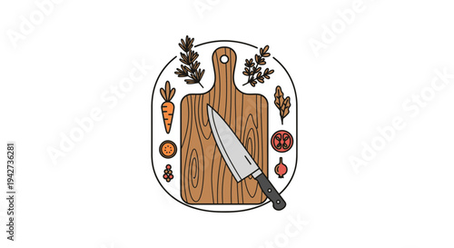 Knife and Cutting Board with Vegetables.