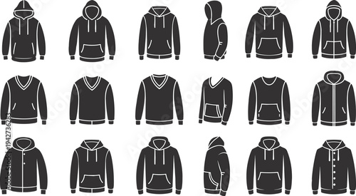 Black hoodie silhouette collection with flat vector apparel icons, sweatshirt mockups for fashion design, streetwear branding, and clothing store signage.