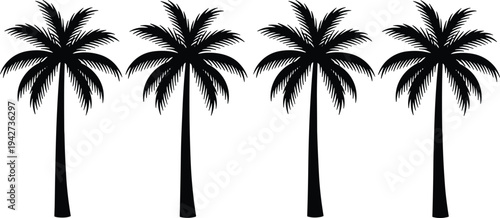 Tropical coconut palm tree silhouette vector collection, black beach palm icons isolated on white background, exotic summer island nature symbols for travel design illustration
