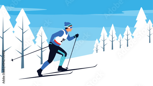 Winter sports enthusiast cross country skiing through snowy forest landscape