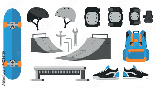 Skateboarding essentials: gear, ramp, and accessories in flat design