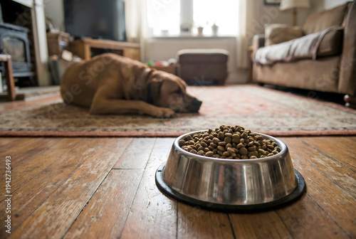 Metal dog bowl filled with dry dog food in a room. Blurred sick dog lying in background. Symbol for illness, loss of appetite and pet health problem