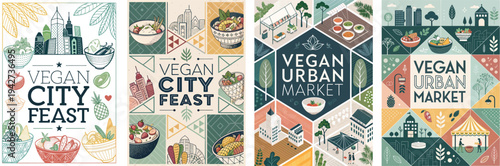 A vibrant collection of vegan market posters showcasing fresh food and urban settings.