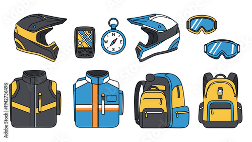 Outdoor adventure gear collection featuring helmets, backpacks, and gadgets in bold colors