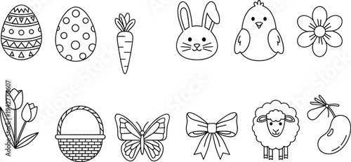 Cute black line art illustration set for Easter featuring decorated eggs rabbit chick spring flowers butterfly sheep and woven basket for holiday coloring.