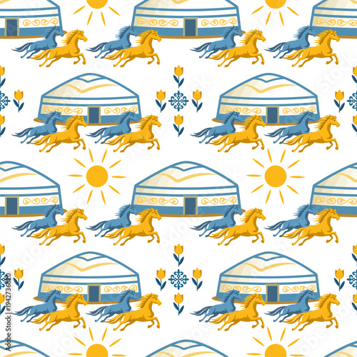Kazakh Nomadic Culture Seamless Pattern with Yurt, Horses, Sun and Traditional Ornaments