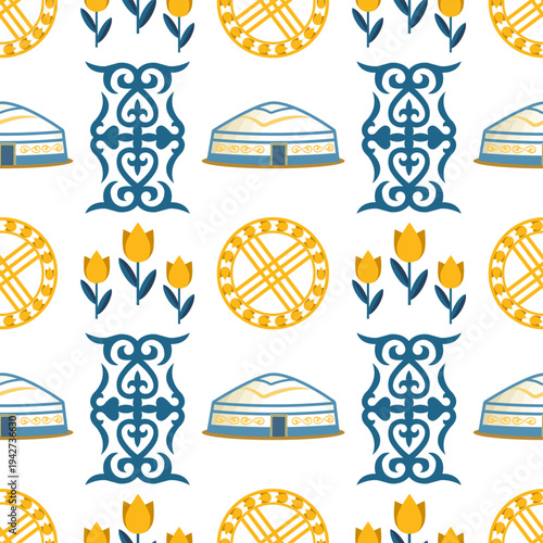 Kazakh Traditional Seamless Pattern with Yurt, Shanyrak and Folk Ornament Vector Background