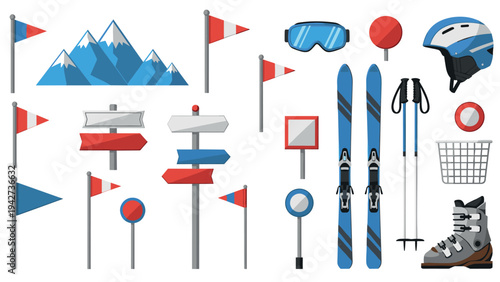 Winter sports equipment collection with flat alpine elements