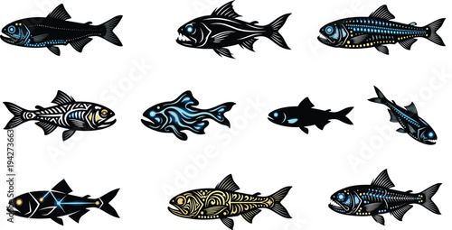 Deep sea bioluminescent fish vector collection featuring glowing marine creatures, stylized ocean wildlife illustrations with neon blue details, aquatic animal icons isolated on white background