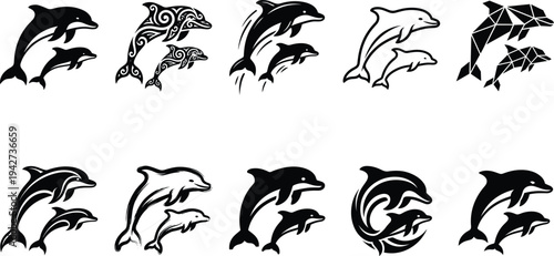 Photography Dolphin silhouette vector collection featuring jumping dolphins in tribal, geome