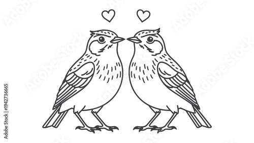 Two lovebirds forming heart: Two little birds looking at each other with hearts above their heads. A simple line drawing with minimalist aesthetic.