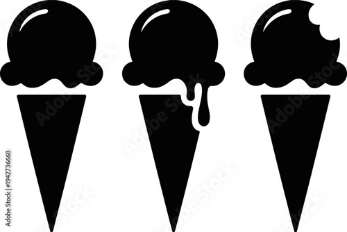 Black ice cream cone silhouette collection with melting scoops and bite marks, flat vector icons for summer desserts and cafes.Black ice cream cone 