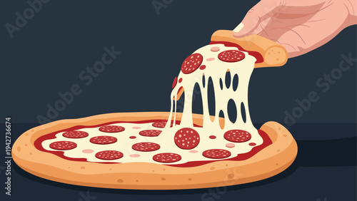Hand picking a slice of melty cheese pepperoni pizza on dark background
