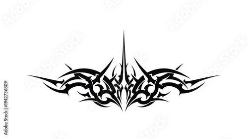 Symmetrical black and white tribal tattoo graphic with sharp edges and intricate abstract patterns on a clean white background.